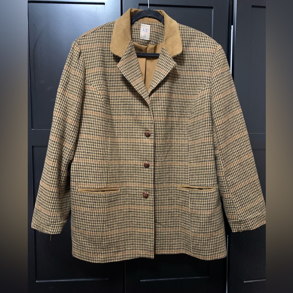 AE Sport & Co Women's Houndstooth Blazer Suede trim Wool Cabincore